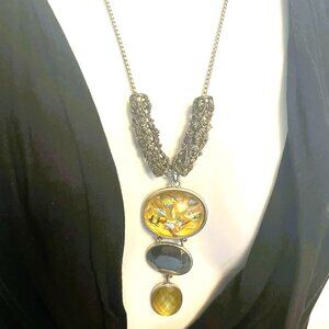 Designer Glass Medallion Necklace Steel Chain Statement Art Jewelry